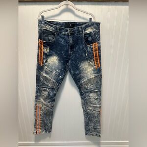 Factor Mens Thrashed Distressed Grunge Biker Moto Jeans Orange Accents 36x32